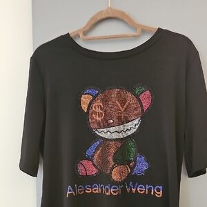Alexander Wang Black Short Sleeve Tee with Multicolor Crystal Teddy